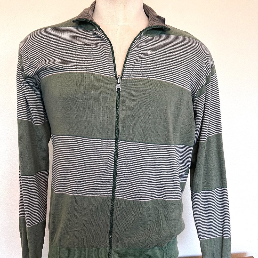 Paul Smith - Zip Up Cardigan - Green & Gray Thin Stripe - Size Large